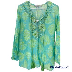 Bella Tu Tunic Top Green Yellow Sequined Tassels Split Neck Long Sleeve NWT Sz S